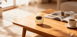 Cute yellow Sweekar AI pet on wooden table