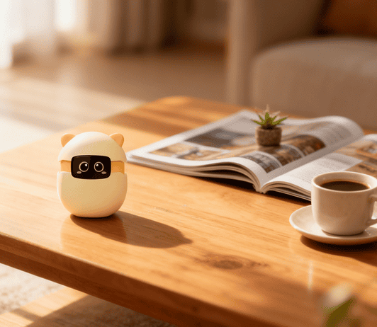 Cute yellow Sweekar AI pet on wooden table