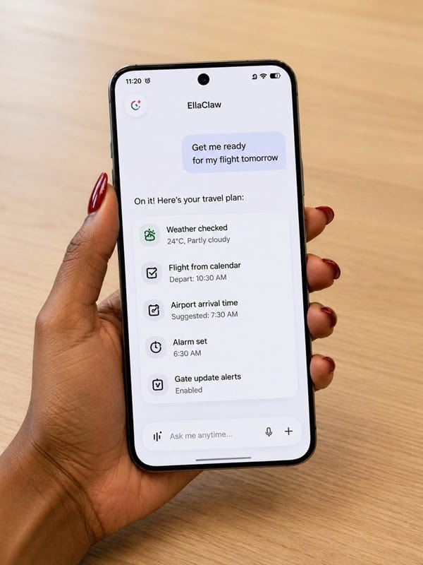 Smartphone displaying travel information interface for Tecno EllaClaw