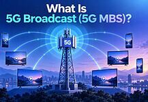 What Is 5G Broadcast (5G MBS)? And Could It Really Replace Cable TV? Illustration of a 5G broadcast (5G MBS) tower sending a single TV signal to multiple smartphones and TVs
