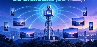 What Is 5G Broadcast (5G MBS)? And Could It Really Replace Cable TV? Illustration of a 5G broadcast (5G MBS) tower sending a single TV signal to multiple smartphones and TVs