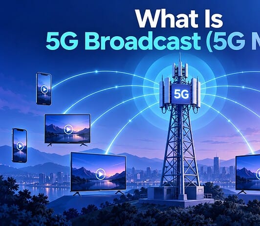 What Is 5G Broadcast (5G MBS)? And Could It Really Replace Cable TV? Illustration of a 5G broadcast (5G MBS) tower sending a single TV signal to multiple smartphones and TVs