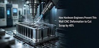 Five axis CNC milling machine finish-machining of an aluminum bracket used for aerospace applications, having a 0.5 mm thin wall and using a short overhang carbide end mill.