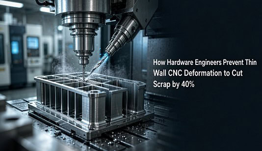 How Hardware Engineers Prevent Thin Wall CNC Deformation to Cut Scrap by 40% Five axis CNC milling machine finish-machining of an aluminum bracket used for aerospace applications, having a 0.5 mm thin wall and using a short overhang carbide end mill.