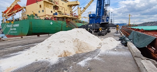 Cargo ship with salt pile nearby
