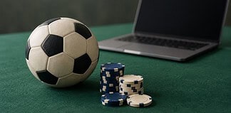 How to Read Sports Betting Bonus Terms Unmarked casino chips beside a football and laptop