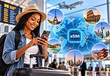 Criteria to Evaluate the Best eSIM for Travel Across Multiple Countries Traveler using eSIM for travel on their phone at airport