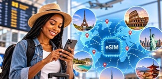 Criteria to Evaluate the Best eSIM for Travel Across Multiple Countries Traveler using eSIM for travel on their phone at airport