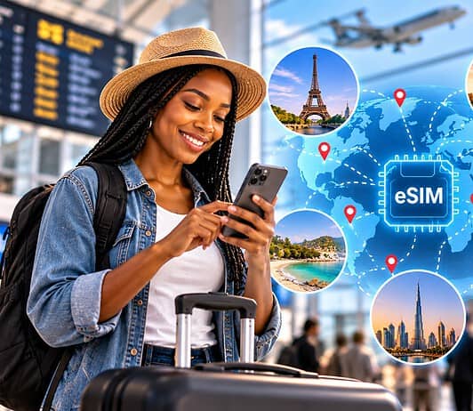 Traveler using eSIM for travel on their phone at airport